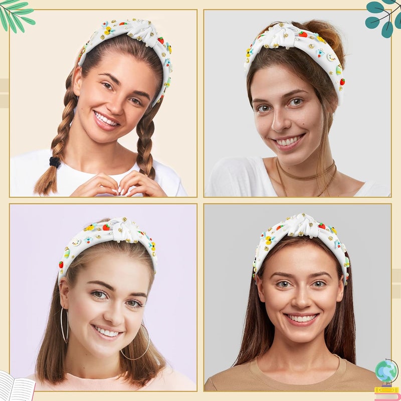 PANTIDE Teacher Jeweled Knotted Headband - Christmas Gift Apple Pencil Rhinestone Pearl Embellished Headband Wide Top Knot Hair Accessories Teacher Appreciation Birthday for Women Girls (White) - Image 4